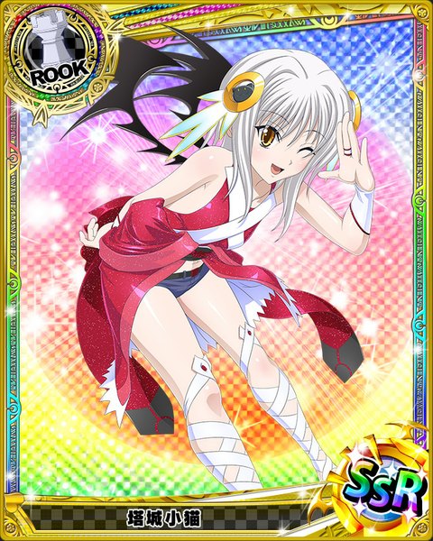 Anime picture 640x800 with highschool dxd toujou koneko single tall image looking at viewer short hair open mouth yellow eyes white hair one eye closed wink card (medium) girl dress hair ornament wings shorts short shorts
