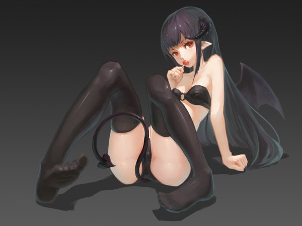 Anime picture 1600x1200 with original hcho single long hair looking at viewer light erotic red eyes red hair tail horn (horns) dark background girl thighhighs underwear panties black thighhighs wings lingerie bra