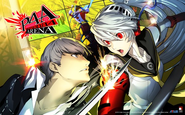 Anime picture 1920x1200 with persona 4 persona narukami yuu kuma (persona 4) labrys soejima shigenori long hair highres short hair open mouth red eyes wide image brown eyes silver hair ponytail profile grey hair grey eyes open collar face to face