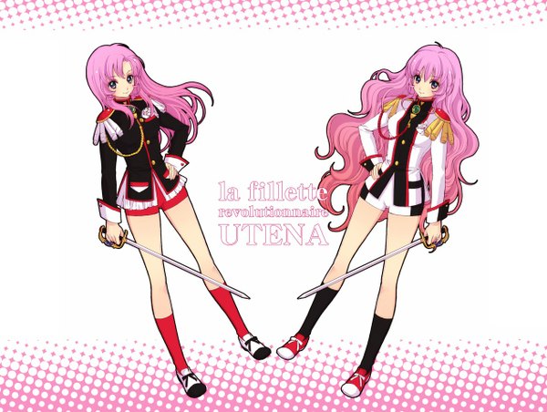 Anime picture 1274x960 with revolutionary girl utena j.c. staff tenjou utena long hair simple background white background purple eyes light smile inscription hand on hip polka dot polka dot background girl uniform school uniform sword shorts military uniform