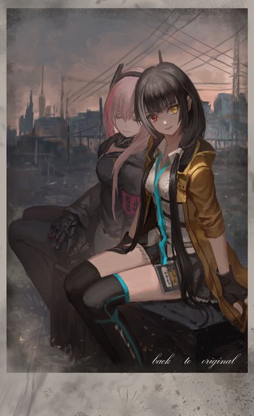 Anime picture 734x1200 with girls frontline m4 sopmod ii (girls frontline) ro635 (girls frontline) xukong long hair tall image looking at viewer fringe black hair smile red eyes sitting twintails multiple girls yellow eyes pink hair sky cloud (clouds) blunt bangs eyes closed
