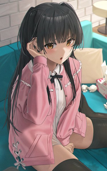 Anime picture 1000x1600 with idolmaster idolmaster shiny colors mayuzumi fuyuko noeru single long hair tall image looking at viewer blush fringe open mouth light erotic black hair sitting brown eyes indoors blunt bangs long sleeves open clothes :o