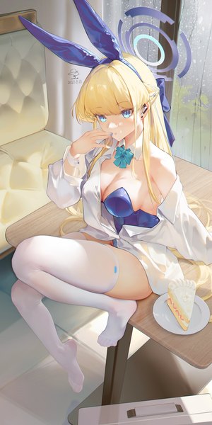 Anime-Bild 2000x4000 mit blue archive toki (blue archive) toki (bunny) (blue archive) ribao single long hair tall image looking at viewer fringe highres breasts blue eyes light erotic blonde hair large breasts sitting animal ears cleavage blunt bangs from above