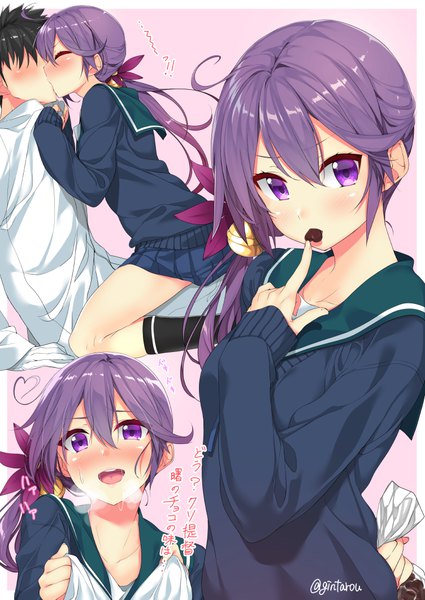 Anime picture 752x1062 with kantai collection admiral (kantai collection) akebono destroyer gintarou (kurousagi108) long hair tall image looking at viewer blush fringe short hair open mouth simple background smile hair between eyes sitting purple eyes holding signed ahoge bent knee (knees)