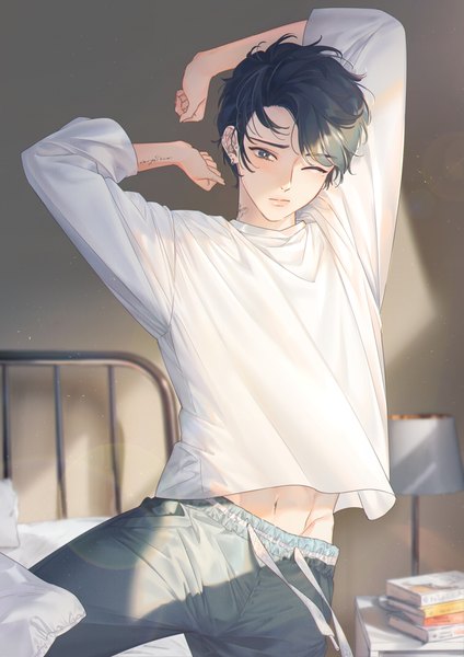 Anime picture 2124x3009 with original nolang single tall image highres short hair black hair indoors one eye closed lips black eyes arms up tattoo piercing lens flare groin ear piercing sleepy boy navel