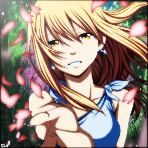 Anime picture 1800x1800 with fairy tail lucy heartfilia futuretabs single long hair highres blonde hair smile yellow eyes coloring portrait girl dress plant (plants) earrings petals tree (trees) hand