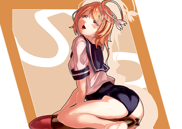 Anime picture 1221x868 with kantai collection i-58 submarine ere (artist) single short hair open mouth light erotic blonde hair ass pink eyes looking up girl swimsuit one-piece swimsuit sailor suit school swimsuit