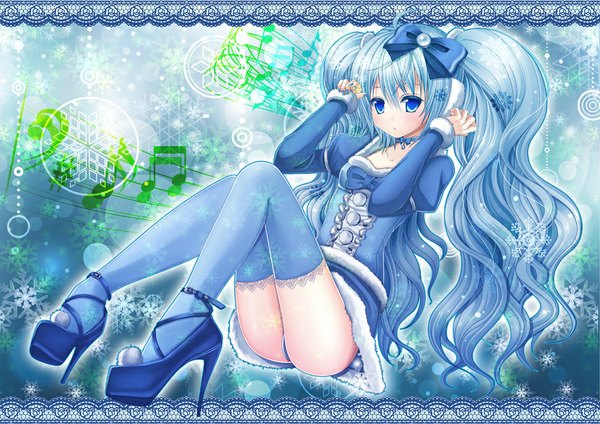 Anime picture 1000x707 with vocaloid hatsune miku yuki miku yuuka nonoko single blue eyes light erotic twintails blue hair very long hair pantyshot pantyshot sitting girl thighhighs dress skirt bow hair bow miniskirt snowflake (snowflakes)