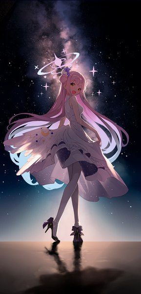 Anime picture 965x2000 with blue archive mika (blue archive) shuuha arutsu single long hair tall image looking at viewer open mouth yellow eyes pink hair full body :d looking back hair bun (hair buns) high heels white wings low wings milky way girl dress