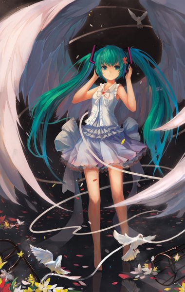 Anime picture 1654x2606 with vocaloid hatsune miku fom (lifotai) long hair tall image smile twintails aqua eyes aqua hair angel wings girl dress ribbon (ribbons) animal petals wings bird (birds) cage