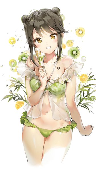 Anime picture 1154x2048 with original anmi single tall image looking at viewer blush fringe short hair light erotic black hair simple background smile hair between eyes standing white background holding yellow eyes payot ahoge parted lips