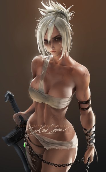 Anime picture 618x1000 with league of legends riven (league of legends) sakimichan single tall image looking at viewer fringe short hair breasts light erotic simple background hair between eyes large breasts standing bare shoulders holding brown eyes signed payot white hair