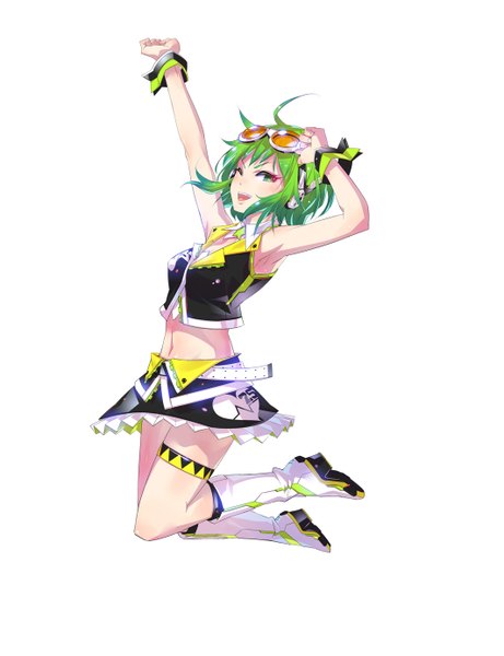 Anime picture 1063x1383 with vocaloid gumi monq (artist) single tall image looking at viewer blush short hair open mouth simple background smile white background green eyes ahoge one eye closed green hair wink arms up armpit (armpits) jumping
