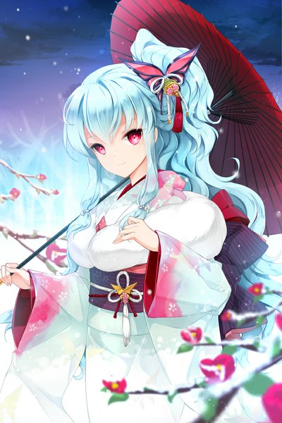 Anime picture 667x1000 with sword girls linus falco juna single long hair tall image looking at viewer red eyes blue hair traditional clothes japanese clothes girl hair ornament flower (flowers) kimono umbrella obi butterfly hair ornament fur-trimmed kimono