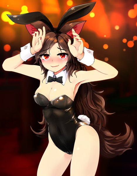 Anime picture 2800x3600 with touhou imaizumi kagerou nama shirasu single long hair tall image blush highres breasts open mouth light erotic red eyes brown hair large breasts animal ears tail nail polish animal tail arms up bunny ears