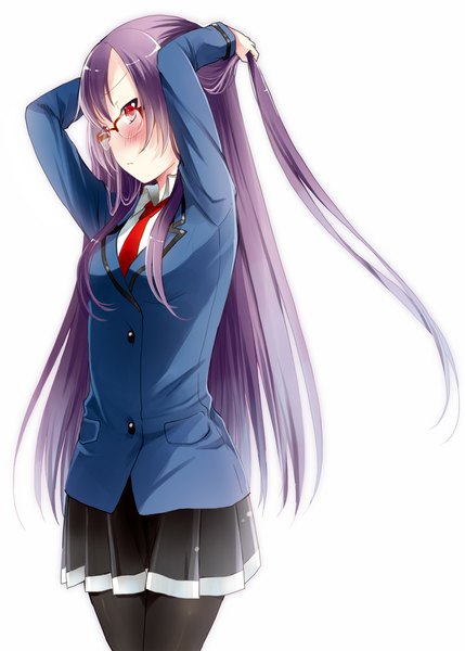 Anime picture 715x1000 with hadi girl kagura sae miyabi akino single long hair tall image looking at viewer blush fringe simple background red eyes white background purple hair profile arms up adjusting hair girl uniform school uniform pantyhose