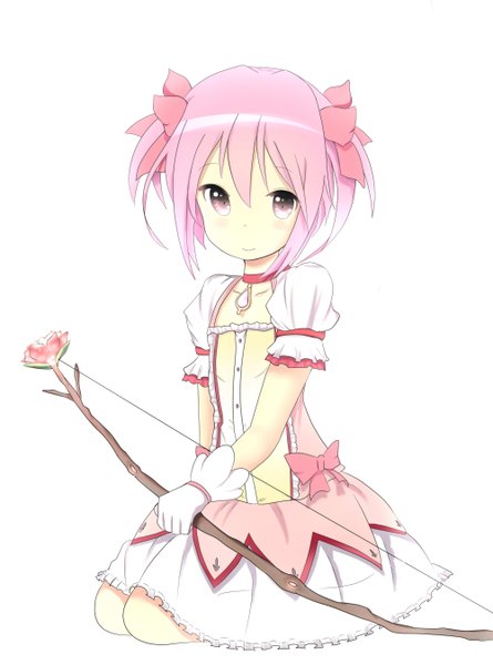 Anime picture 2000x2696 with mahou shoujo madoka magica shaft (studio) kaname madoka single tall image looking at viewer highres short hair simple background white background twintails pink hair pink eyes short twintails girl dress gloves bow ribbon (ribbons) hair ribbon