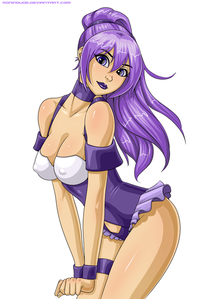 Anime picture 2250x3000 with original ronin dude (ray cornwell) single long hair tall image looking at viewer highres breasts light erotic simple background white background purple eyes purple hair erect nipples covered nipples girl