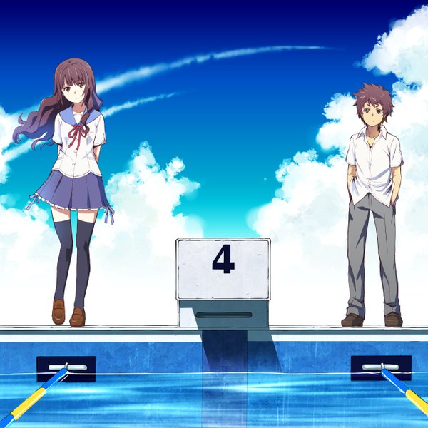 Anime picture 5200x5200 with uchiage hanabi shita kara miru ka? yoko kara miru ka? oikawa nazuna norimichi shimada long hair looking at viewer highres short hair brown hair brown eyes absurdres sky cloud (clouds) black eyes official art hands behind back hands in pockets girl thighhighs boy uniform