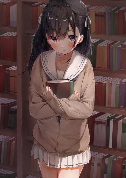 Anime picture 3541x5016 with original mochi nabe single long hair tall image looking at viewer blush fringe highres open mouth black hair hair between eyes standing holding payot absurdres indoors pleated skirt black eyes two side up