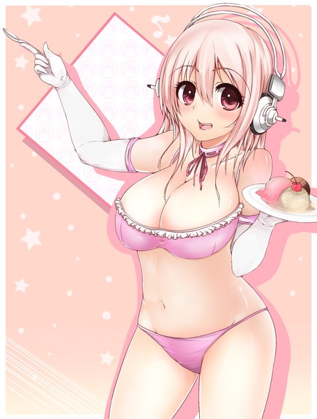 Anime picture 1200x1582 with nitroplus super sonico yuna (spn28u79) single tall image blush open mouth light erotic red eyes bare shoulders pink hair underwear only girl navel underwear panties food sweets headphones ice cream