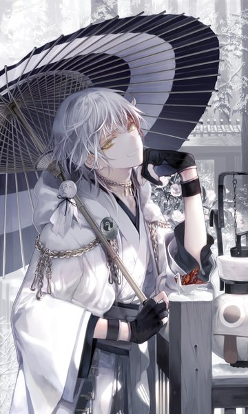 Anime picture 1200x2000 with touken ranbu nitroplus tsurumaru kuninaga zhi single tall image looking at viewer fringe short hair smile standing yellow eyes silver hair outdoors traditional clothes japanese clothes wide sleeves winter snow messy hair