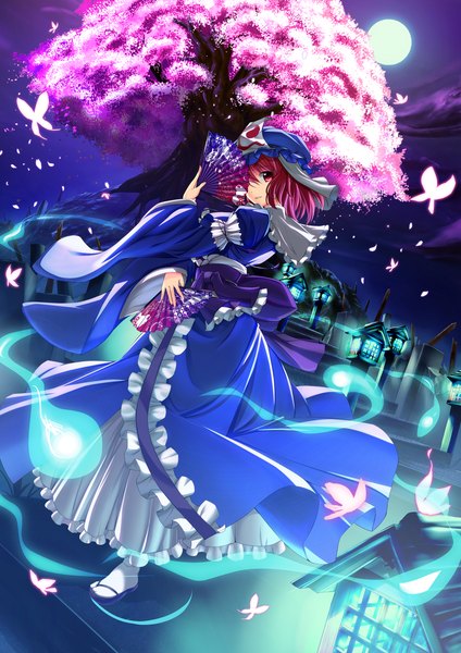 Anime picture 1240x1754 with touhou saigyouji yuyuko bug (artist) tall image short hair red eyes pink hair night cherry blossoms ghost girl dress plant (plants) petals tree (trees) insect butterfly moon fan