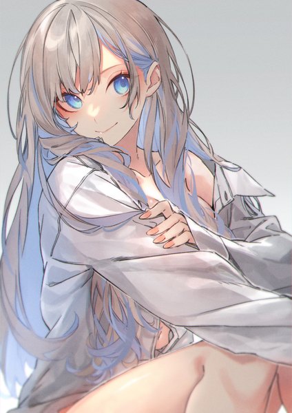 Anime picture 3541x5016 with original kuwashima rein single long hair tall image fringe highres breasts blue eyes light erotic simple background sitting looking away absurdres long sleeves multicolored hair fingernails grey hair grey background sleeves past wrists