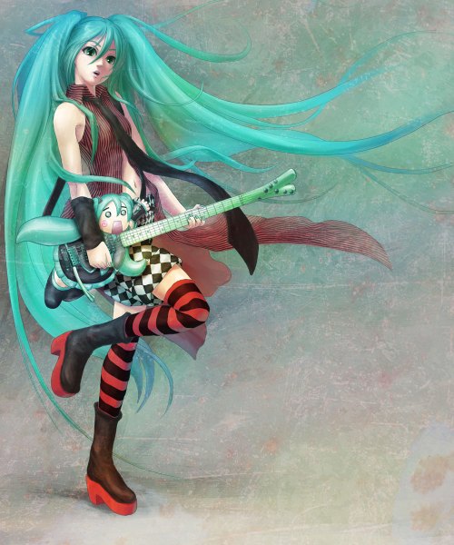 Anime picture 1000x1200 with vocaloid hatsune miku naramura single tall image open mouth twintails bare shoulders green eyes very long hair aqua hair girl thighhighs navel necktie boots striped thighhighs vest guitar
