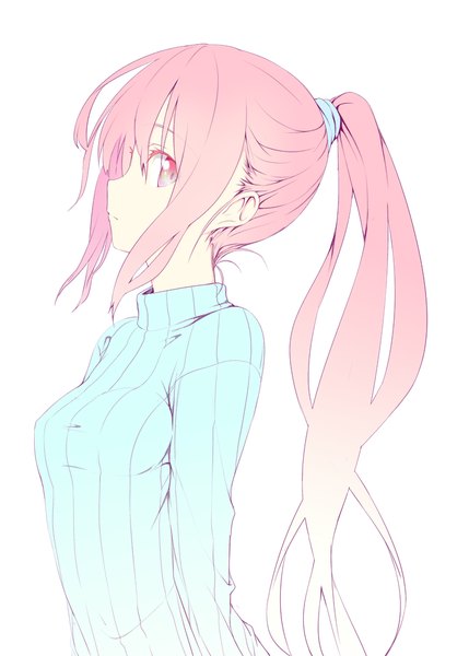 Anime picture 715x1000 with original nirap (artist) single long hair tall image looking at viewer fringe white background payot pink hair upper body ponytail profile pink eyes striped girl sweater scrunchie hair tie