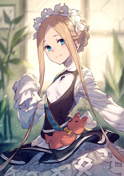 Anime picture 1448x2048 with fate (series) fate/grand order abigail williams (fate) kusano shinta single long hair tall image looking at viewer fringe breasts blue eyes blonde hair smile standing payot indoors braid (braids) alternate costume hands in sleeves braided bun