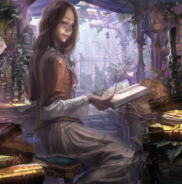 Anime picture 3375x3411 with original reishin single long hair tall image highres smile brown hair holding absurdres lips sunlight glow girl flower (flowers) plant (plants) book (books) insect butterfly chain