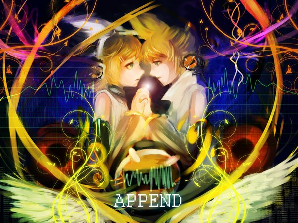 Anime picture 1600x1200 with vocaloid vocaloid append kagamine rin kagamine len kagamine rin (append) kagamine len (append) zigemu short hair blonde hair couple holding hands face to face girl boy bow hair bow detached sleeves wings headphones wire (wires)