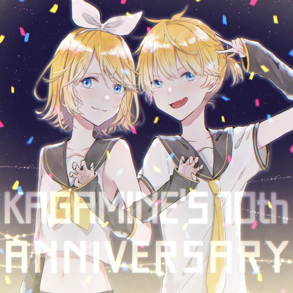 Anime picture 1227x1227 with vocaloid kagamine rin kagamine len necojishi looking at viewer short hair open mouth blue eyes blonde hair upper body siblings twins sailor collar brother and sister anniversary girl boy bow hair bow detached sleeves