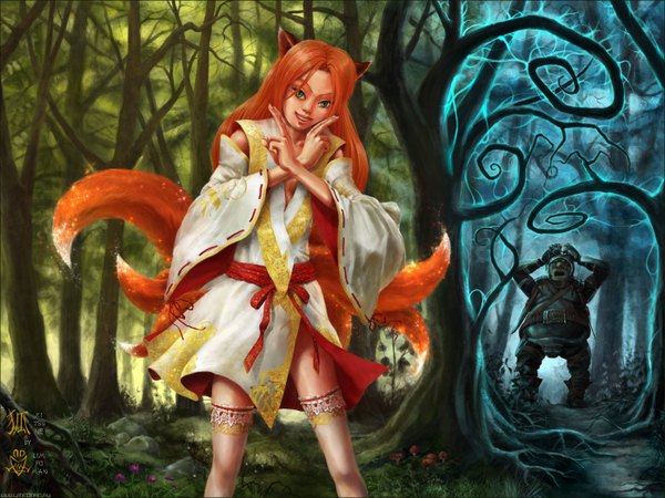Anime picture 1400x1050 with limfoman green eyes animal ears red hair tail fox ears grin fox tail multiple tails