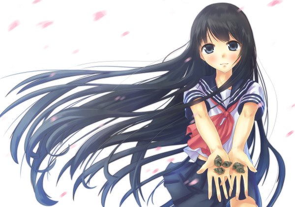 Anime picture 1280x900 with single long hair blush black hair simple background white background black eyes outstretched arm girl serafuku sailor suit seashell