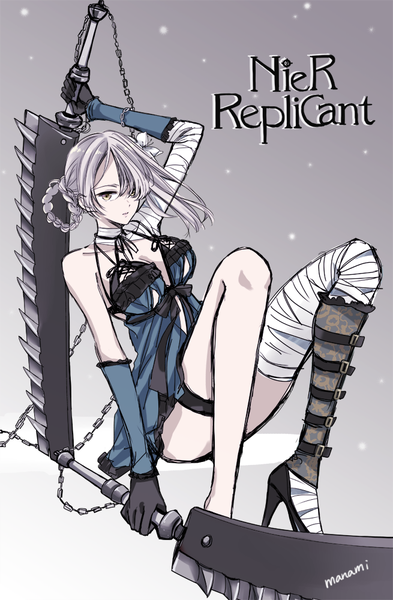 Anime picture 655x1000 with nier nier replicant kaine (nier) sugano manami single tall image fringe short hair light erotic holding signed yellow eyes silver hair full body hair over one eye high heels copyright name expressionless dual wielding hair rings