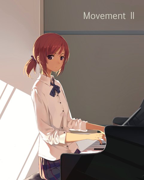 Anime picture 1591x1985 with love live! school idol project sunrise (studio) love live! nishikino maki huanxiang heitu single tall image looking at viewer short hair sitting purple eyes ponytail red hair inscription plaid skirt girl skirt shirt musical instrument piano
