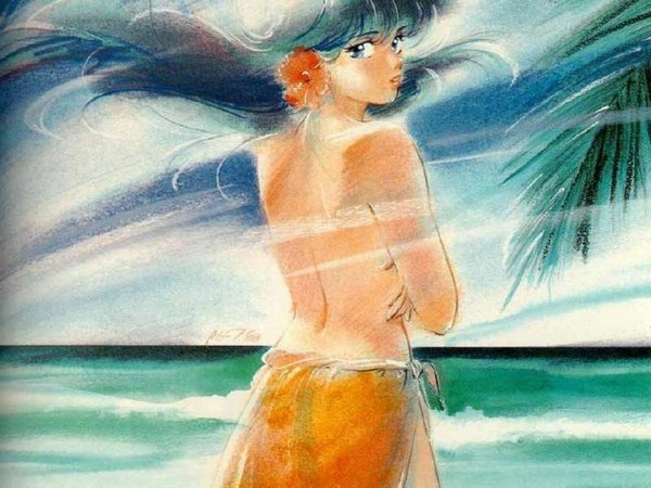 Anime picture 1024x768 with kimagure orange road ayukawa madoka takada akemi long hair light erotic beach oldschool 80s flower (flowers) hibiscus pareo