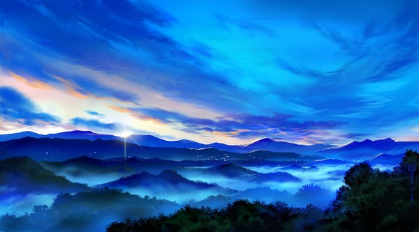 Anime picture 1300x722 with original mugon wide image sky cloud (clouds) horizon mountain landscape fog morning sunrise plant (plants) tree (trees) forest sun
