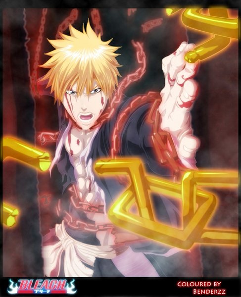 Anime picture 812x1000 with bleach studio pierrot kurosaki ichigo benderzz single tall image short hair open mouth blonde hair brown eyes traditional clothes japanese clothes inscription torn clothes coloring muscle angry boy belt kimono