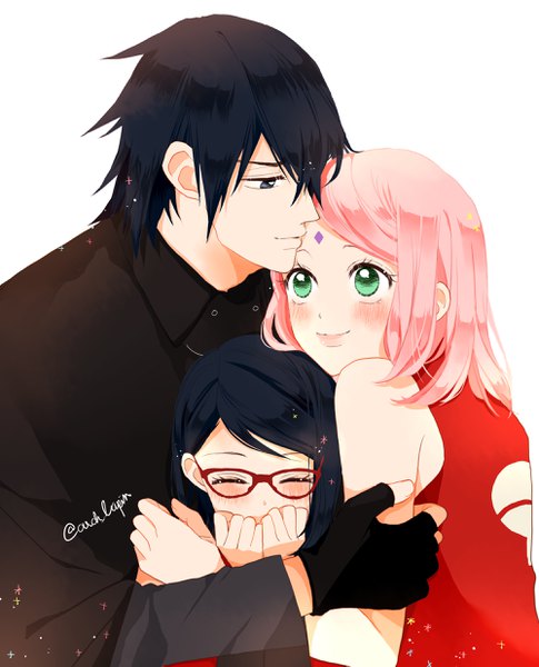 Anime picture 2000x2473 with naruto studio pierrot naruto (series) uchiha sasuke haruno sakura uchiha sarada aaa (pixiv7090847) long hair tall image blush highres short hair blue eyes simple background smile white background multiple girls green eyes blue hair pink hair