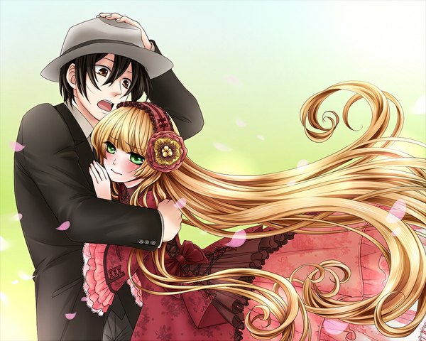 Anime picture 1000x800 with gosick studio bones victorique de blois kujou kazuya hara sae long hair blush short hair open mouth black hair blonde hair brown eyes green eyes loli couple hug lolita fashion girl dress boy