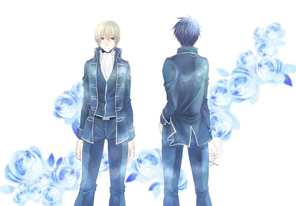 Anime picture 1044x729 with gintama sunrise (studio) hijikata toshiro okita sougo a-yanagiya short hair black hair blonde hair red eyes white background from behind back smoke hand in pocket boy uniform flower (flowers) belt rose (roses) neckerchief