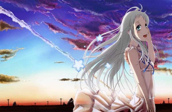 Anime picture 1404x915 with ano hi mita hana no namae wo bokutachi wa mada shiranai a-1 pictures honma meiko single long hair open mouth blue eyes sky cloud (clouds) white hair grey hair tears evening sunset scenic girl flower (flowers) sundress