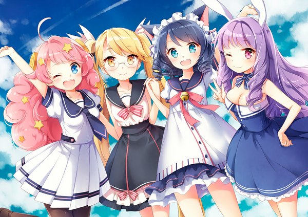 Anime picture 1190x842 with show by rock!! studio bones cyan (show by rock!!) retoree (show by rock!!) chuchu (show by rock!!) moa (show by rock!!) nyanya long hair looking at viewer blush fringe short hair breasts open mouth blue eyes blonde hair smile twintails bare shoulders multiple girls