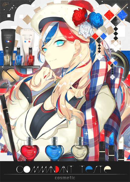 Anime picture 645x900 with kantai collection commandant teste (kantai collection) yakusuke single long hair tall image looking at viewer blonde hair upper body nail polish multicolored hair aqua eyes light smile streaked hair character names red nail polish blue nail polish multicolored nail polish girl hairclip