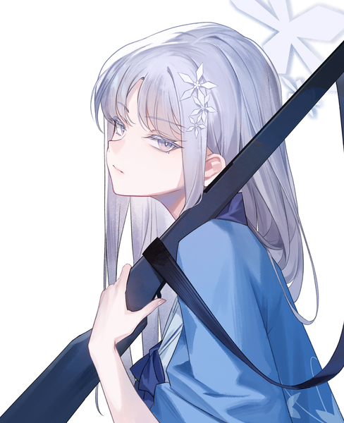 Anime picture 1463x1800 with blue archive nagusa (blue archive) hillly (maiwetea) single long hair tall image looking at viewer simple background white background silver hair turning head silver eyes weapon over shoulder girl hair ornament weapon gun halo rifle snowflake hair ornament