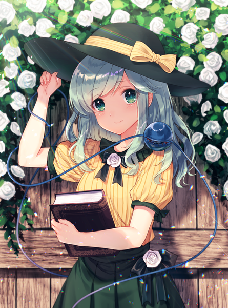 Anime picture 868x1169 with touhou komeiji koishi nunucco single long hair tall image looking at viewer blush fringe smile standing holding green eyes upper body outdoors green hair sunlight short sleeves adjusting hat girl