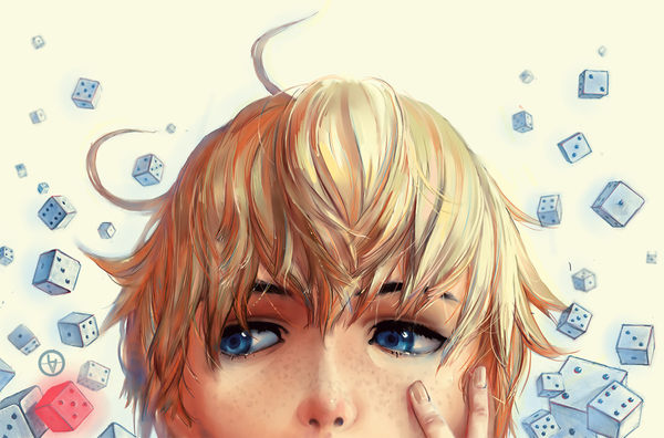 Anime picture 1200x792 with original luviiilove single short hair blue eyes blonde hair white background looking away ahoge hand on face freckles boy dice